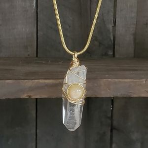 Clear quartz and moonstone brass chain